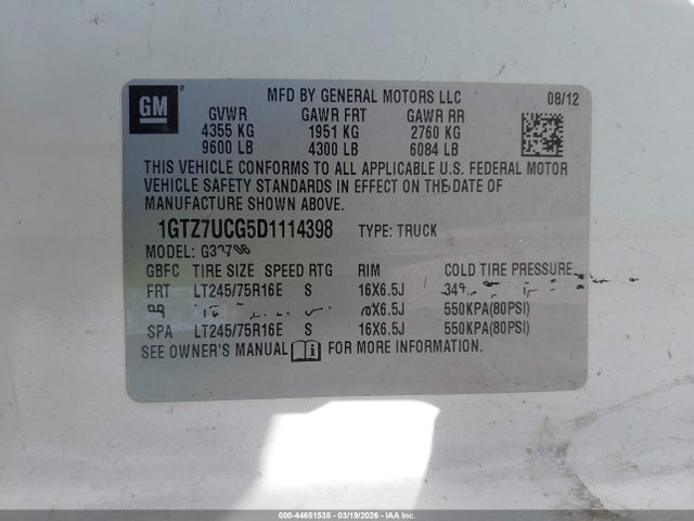 44651535 :رقم المزاد ، 1GTZ7UCG5D1114398 vin ، 2013 Gmc Savana 3500 Work Van مزاد بيع
