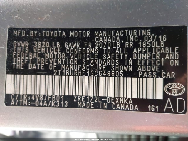 2T1BURHE1GC648805 Toyota Corolla Le Plus