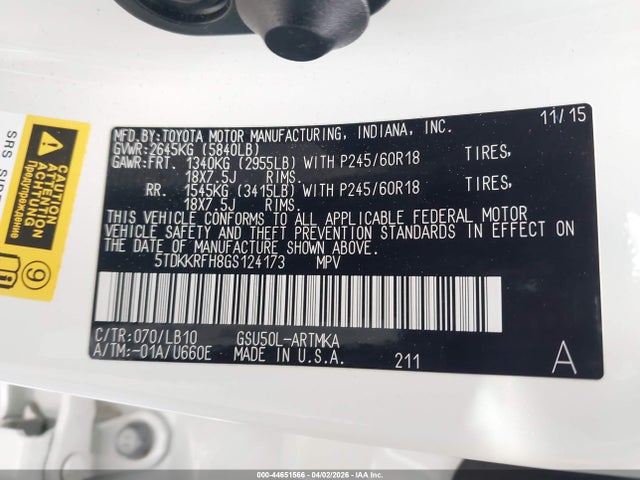 5TDKKRFH8GS124173 Toyota Highlander Xle V6