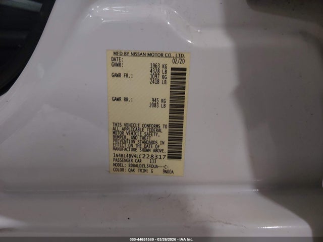 Продажа на аукционе авто 2020 Nissan Altima S Fwd, vin: 1N4BL4BV4LC228317, номер лота: 44651589