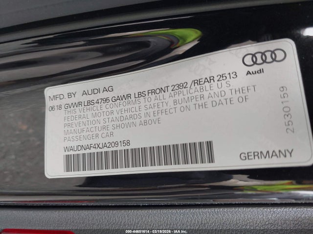 44651614 :رقم المزاد ، WAUDNAF4XJA209158 vin ، 2018 Audi A4 2.0t Premium/2.0t Tech Premium مزاد بيع