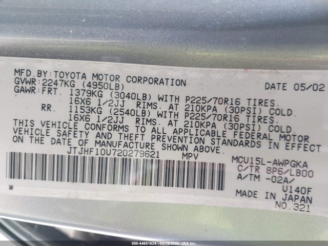 Aukcja sprzedaży 2002 Lexus Rx 300, vin: JTJHF10U720279621, numer aukcji: 44651624