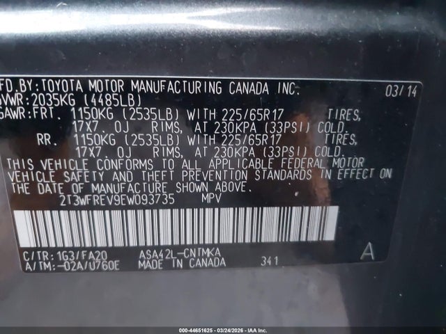 2014 Toyota Rav4 Xle მანქანა იყიდება აუქციონზე, vin: 2T3WFREV9EW093735, აუქციონის ნომერი: 44651625