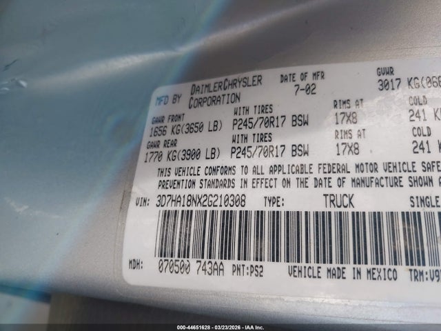 44651628 :رقم المزاد ، 3D7HA18NX2G210308 vin ، 2002 Dodge Ram 1500 St مزاد بيع