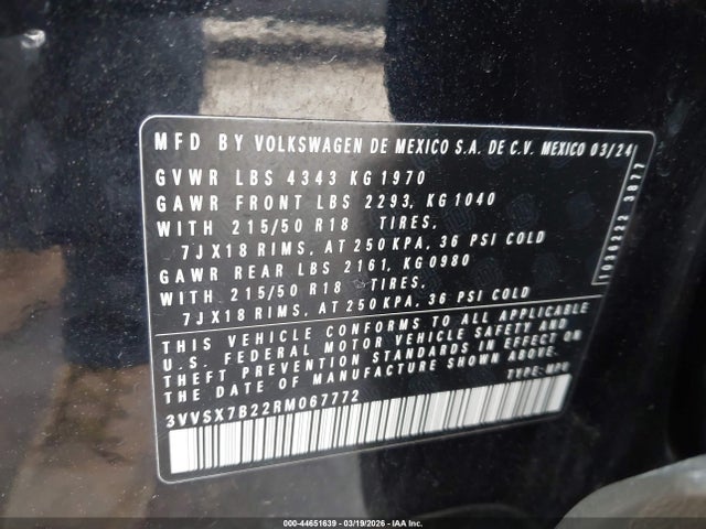 2024 Volkswagen Taos 1.5t Se მანქანა იყიდება აუქციონზე, vin: 3VVSX7B22RM067772, აუქციონის ნომერი: 44651639