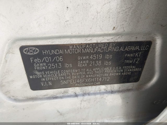 2006 Hyundai Sonata Gls V6/lx V6 მანქანა იყიდება აუქციონზე, vin: 5NPEU46FX6H114712, აუქციონის ნომერი: 44651645