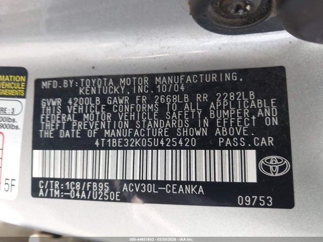 44651652 :رقم المزاد ، 4T1BE32K05U425420 vin ، 2005 Toyota Camry Le مزاد بيع