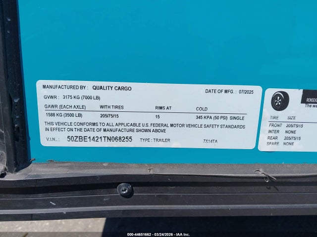 2026 Quality 14' Cargo Enclosed მანქანა იყიდება აუქციონზე, vin: 50ZBE1421TN068255, აუქციონის ნომერი: 44651662