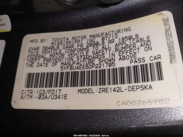 2013 Toyota Corolla S მანქანა იყიდება აუქციონზე, vin: 5YFBU4EE6DP221705, აუქციონის ნომერი: 44651680