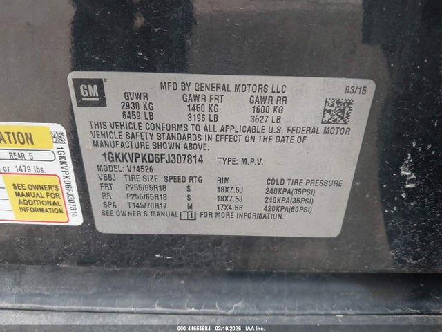 Продаж на аукціоні авто 2015 Gmc Acadia Sle-2, vin: 1GKKVPKD6FJ307814, номер лоту: 44651684