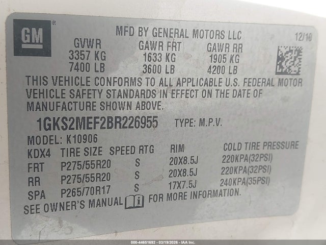 Продаж на аукціоні авто 2011 Gmc Yukon Xl 1500 Denali, vin: 1GKS2MEF2BR226955, номер лоту: 44651692