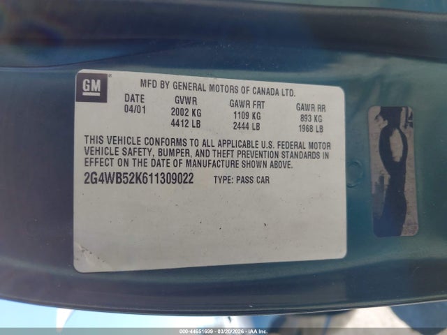 Aukcja sprzedaży 2001 Buick Regal Ls, vin: 2G4WB52K611309022, numer aukcji: 44651699