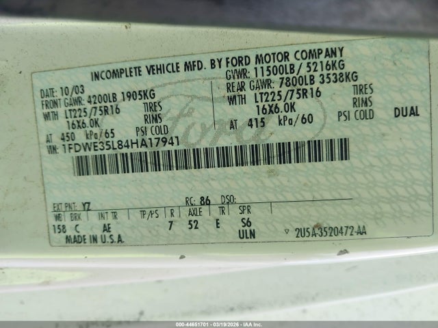 Продаж на аукціоні авто 2004 Ford E-350 Cutaway Standard, vin: 1FDWE35L84HA17941, номер лоту: 44651701