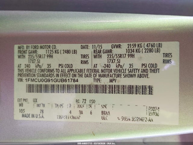 1FMCU0G91GUB61784 Ford ESCAPE SE