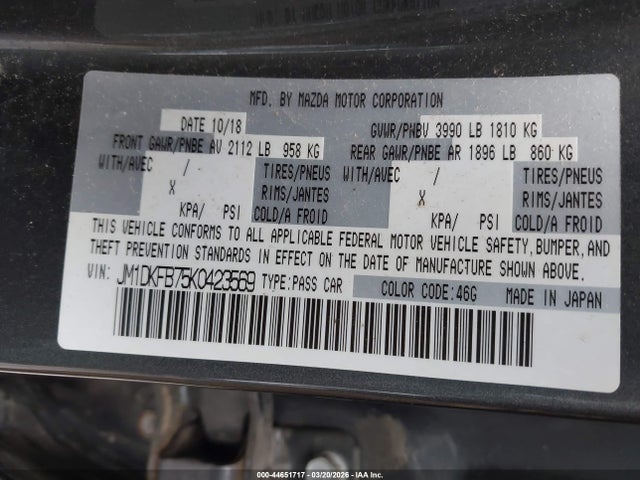 44651717 :رقم المزاد ، JM1DKFB75K0423569 vin ، 2019 Mazda Cx-3 Sport مزاد بيع