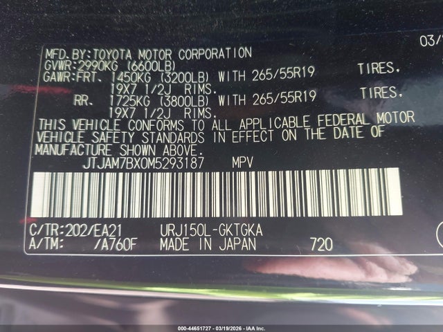44651727 :رقم المزاد ، JTJAM7BX0M5293187 vin ، 2021 Lexus Gx 460 Premium مزاد بيع