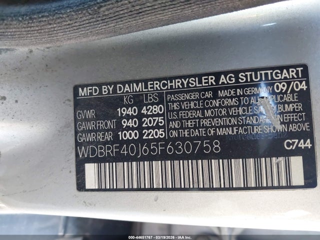 Aukcja sprzedaży 2005 Mercedes-benz C 230 Kompressor Sport, vin: WDBRF40J65F630758, numer aukcji: 44651767
