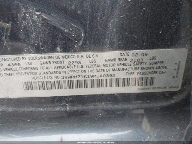 Aukcja sprzedaży 2009 Volkswagen Jetta Se, vin: 3VWRM71K19M140392, numer aukcji: 44651768