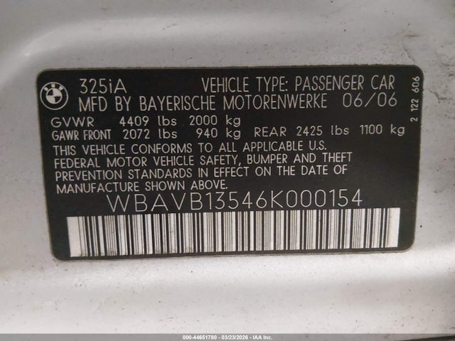 Aukcja sprzedaży 2006 Bmw 325i, vin: WBAVB13546K000154, numer aukcji: 44651780