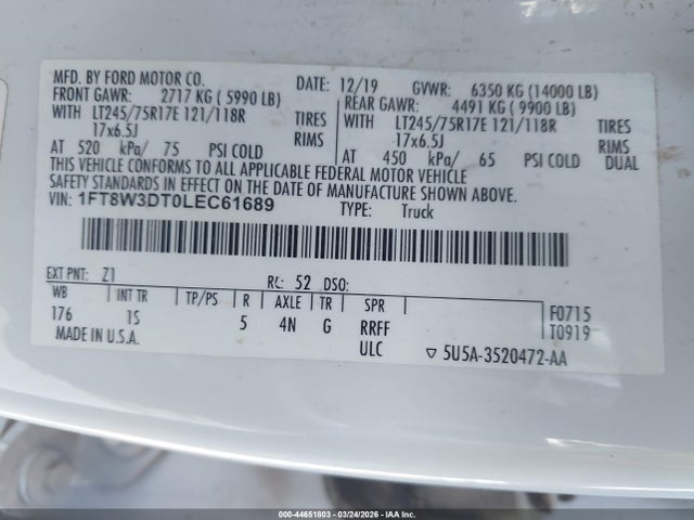 Aukcja sprzedaży 2020 Ford F-350 Xl, vin: 1FT8W3DT0LEC61689, numer aukcji: 44651803