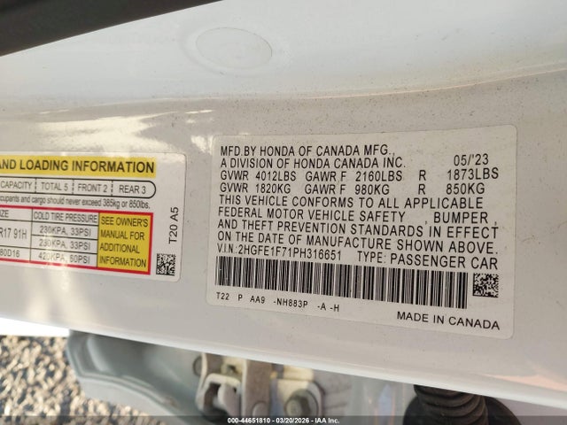Honda Civic Ex/ex W/o Bsi 2023 2HGFE1F71PH316651 Image 9