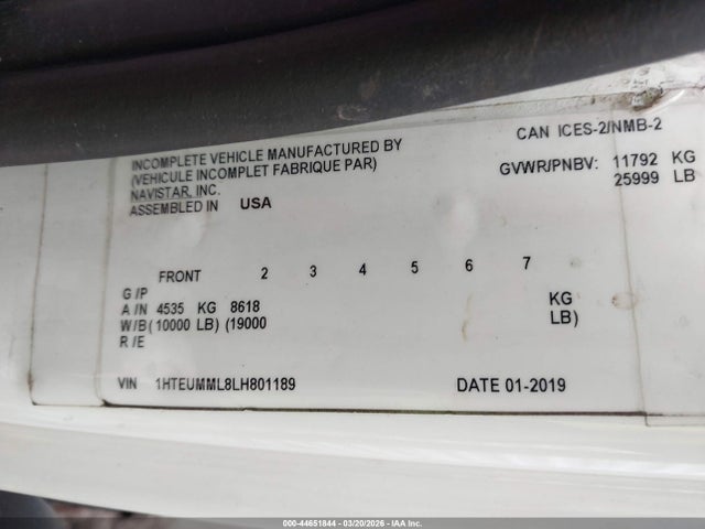 Продаж на аукціоні авто 2020 International Mv, vin: 1HTEUMML8LH801189, номер лоту: 44651844
