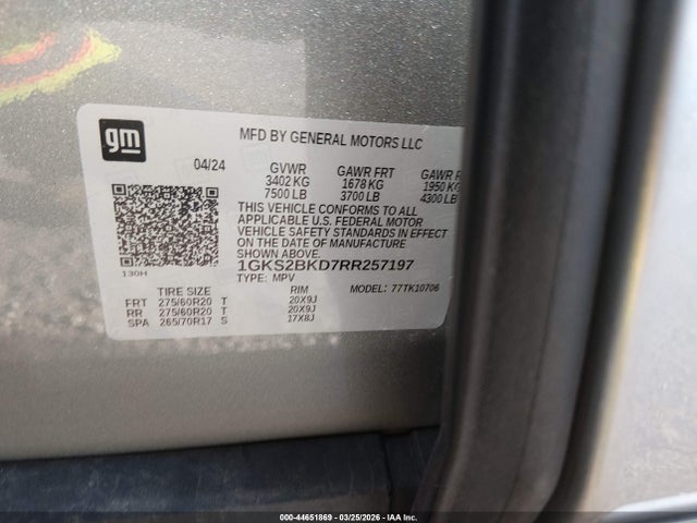 2024 Gmc Yukon 4wd Slt მანქანა იყიდება აუქციონზე, vin: 1GKS2BKD7RR257197, აუქციონის ნომერი: 44651869