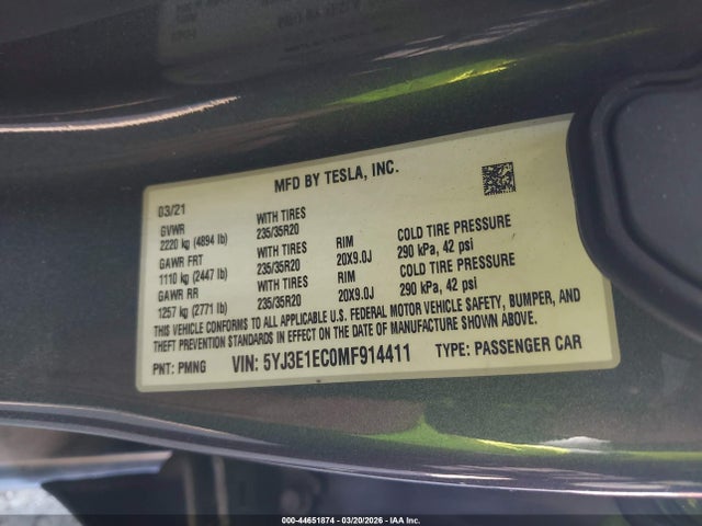 Aukcja sprzedaży 2021 Tesla Model 3 Performance Dual Motor All-wheel Drive, vin: 5YJ3E1EC0MF914411, numer aukcji: 44651874