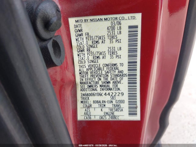 Aukcja sprzedaży 2006 Nissan Frontier Xe, vin: 1N6BD06T06C442229, numer aukcji: 44651878