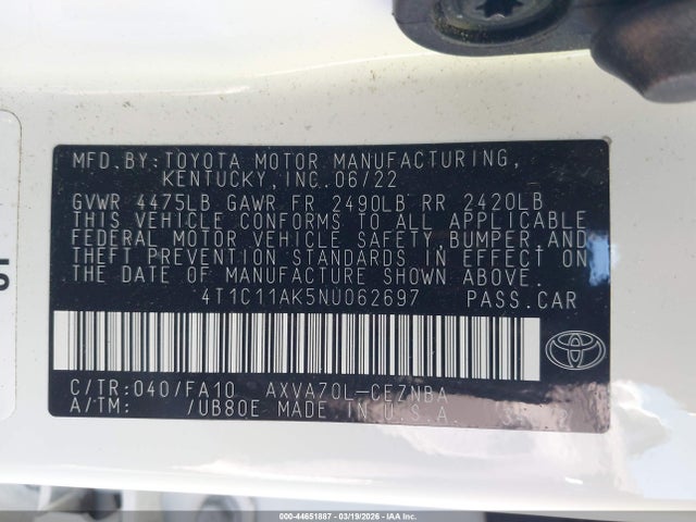 2022 Toyota Camry Le მანქანა იყიდება აუქციონზე, vin: 4T1C11AK5NU062697, აუქციონის ნომერი: 44651887