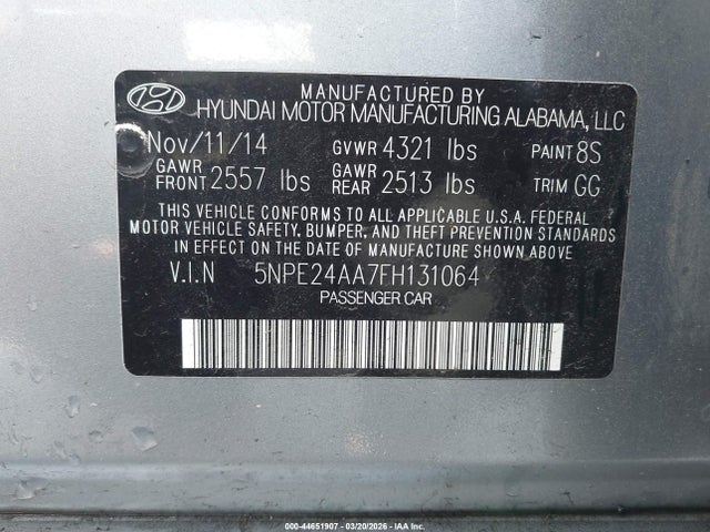 2015 Hyundai Sonata Eco მანქანა იყიდება აუქციონზე, vin: 5NPE24AA7FH131064, აუქციონის ნომერი: 44651907