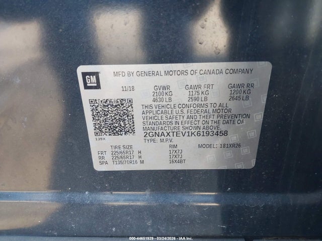 Aukcja sprzedaży 2019 Chevrolet Equinox Lt, vin: 2GNAXTEV1K6193458, numer aukcji: 44651929