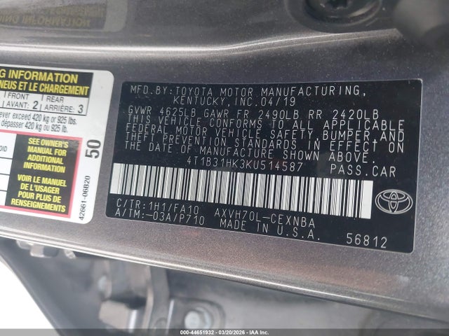 4T1B31HK3KU514587 Toyota Camry Hybrid Le