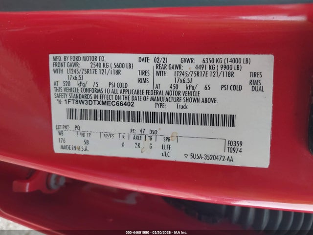 44651980 :رقم المزاد ، 1FT8W3DTXMEC66402 vin ، 2021 Ford F-350 Lariat مزاد بيع