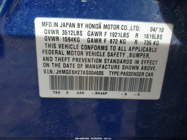 Aukcja sprzedaży 2010 Honda Fit, vin: JHMGE8H27AS004605, numer aukcji: 44651982