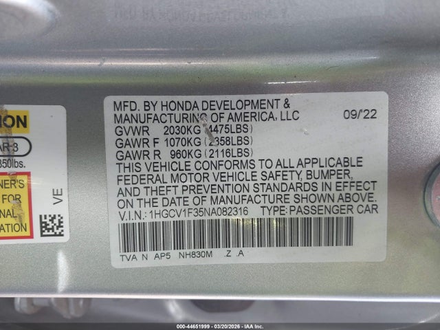 Aukcja sprzedaży 2022 Honda Accord Sport, vin: 1HGCV1F35NA082316, numer aukcji: 44651999