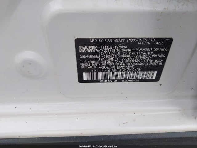 Aukcja sprzedaży 2016 Subaru Crosstrek 2.0i Limited, vin: JF2GPAKCXG8283706, numer aukcji: 44652011