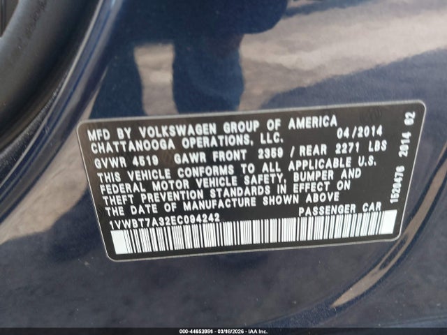 2014 Volkswagen Passat 1.8t Se მანქანა იყიდება აუქციონზე, vin: 1VWBT7A32EC094242, აუქციონის ნომერი: 44652051