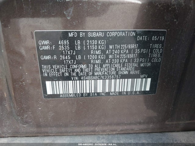 2019 Subaru Outback 2.5i მანქანა იყიდება აუქციონზე, vin: 4S4BSABC7K3358757, აუქციონის ნომერი: 44652052