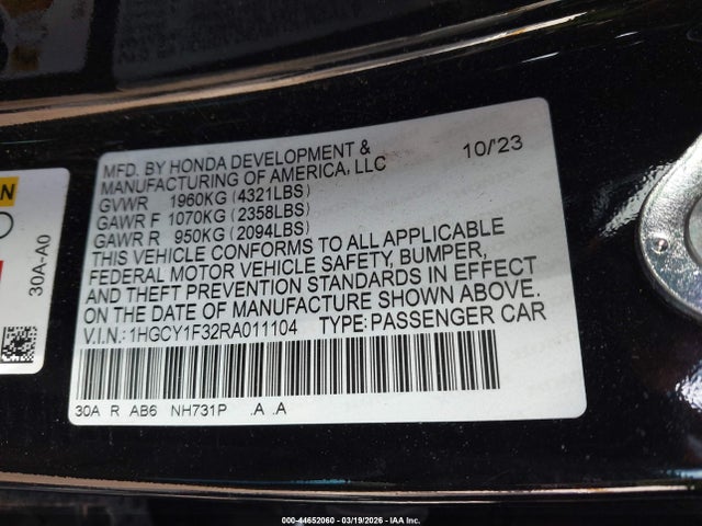 Aukcja sprzedaży 2024 Honda Accord Ex, vin: 1HGCY1F32RA011104, numer aukcji: 44652060