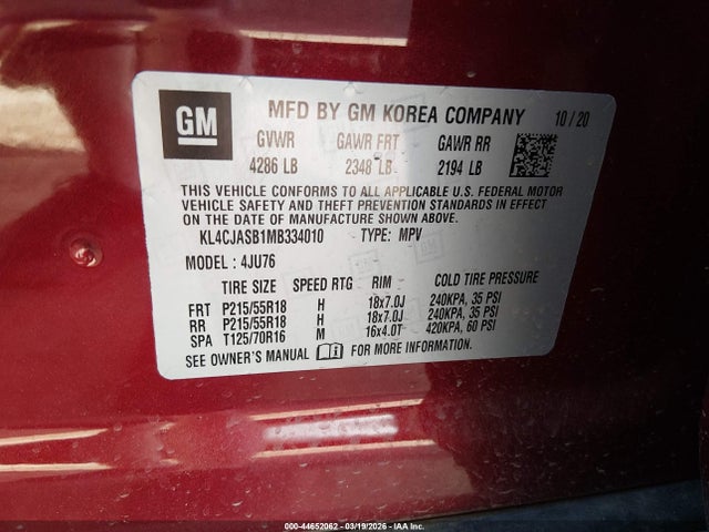 Продажа на аукционе авто 2021 Buick Encore Fwd Preferred, vin: KL4CJASB1MB334010, номер лота: 44652062