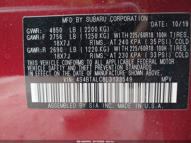 Продажа на аукционе авто 2020 Subaru Outback Limited, vin: 4S4BTALC8L3133549, номер лота: 44652082
