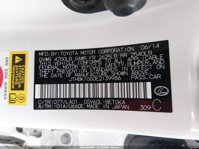 Aukcja sprzedaży 2014 Lexus Es 350, vin: JTHBK1GG0E2139986, numer aukcji: 44652090
