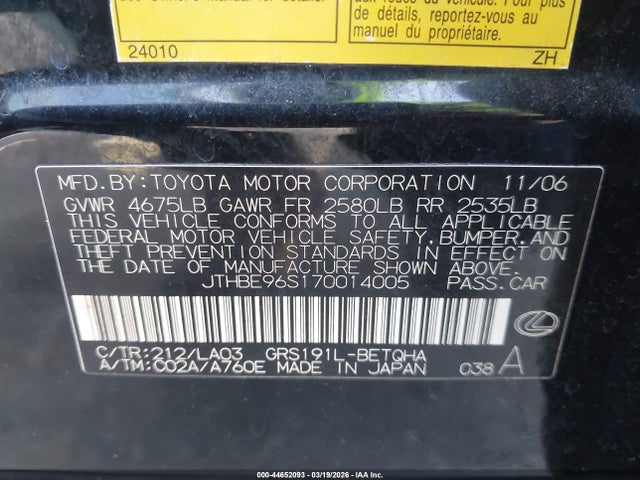 44652093 :رقم المزاد ، JTHBE96S170014005 vin ، 2007 Lexus Gs 350 مزاد بيع