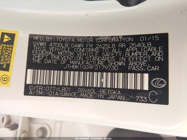 Aukcja sprzedaży 2015 Lexus Es 350, vin: JTHBK1GG9F2179730, numer aukcji: 44652098