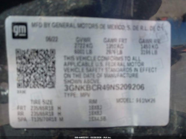 44652101 :رقم المزاد ، 3GNKBCR49NS209206 vin ، 2022 Chevrolet Blazer Fwd 2lt مزاد بيع