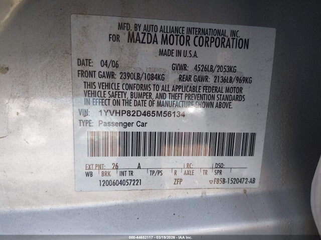Auction sale of the 2006 Mazda Mazda6 S Grand Touring, vin: 1YVHP82D465M56134, lot number: 44652117