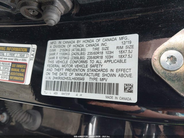 44652120 :رقم المزاد ، 2HKRW2H53LH606949 vin ، 2020 Honda Cr-v Awd Ex مزاد بيع