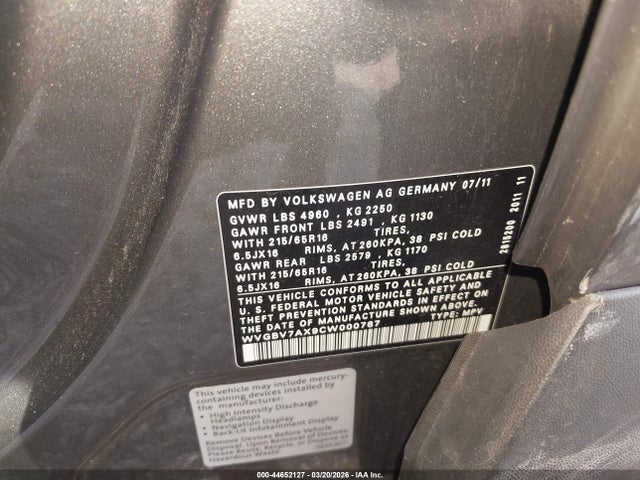 2012 Volkswagen Tiguan S მანქანა იყიდება აუქციონზე, vin: WVGBV7AX9CW000767, აუქციონის ნომერი: 44652127