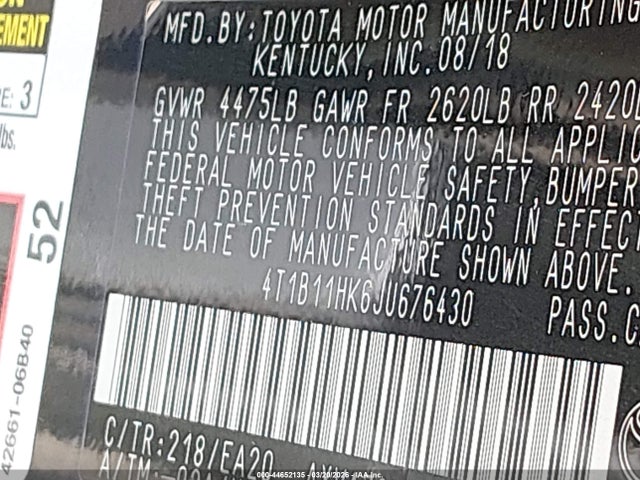 4T1B11HK6JU676430 Toyota CAMRY SE